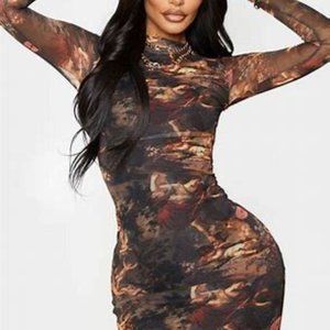 SHAPE RENAISSANCE PRINT HIGH NECK MESH BODYCON DRESS